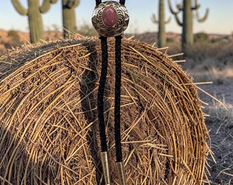 Hand Polished Brass Bolo Tie w Antiqued Finish Rhodonite Cabochon Western Neckwear Tribal Indian Jewelry Men Women Bolo Ties 80635