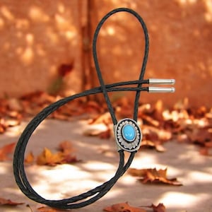 American Made Minimalist Silver Bolo Tie w Turquoise Gift For Men Women Bola Wedding Groomsman Usher Necktie Boho Necklace Jewelry 1084B-7