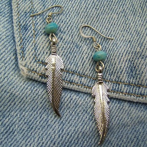 Western Earring Silver Feather Earring w Turquoise Bead Western Jewelry Southwestern Indian Earring Boho Chic Earring Hippie Earring 80136-1