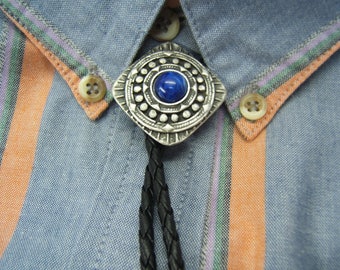 Unique Unisex Southwestern Silver w Lapis Concho Bolo Tie Bola Western Necklace Necktie Boho Chic Jewelry Clothing Lariat On Sale #80348-1