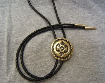 Southwestern Gold Antiqued Bolo Tie: Boho Chic Necklace Leather String Tie, Handmade Bolo Tie Tribal Bolo Tie Bolo Tie with Suit 80093-1