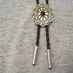 Silver Bolo Tie Antiqued w Black Stone Bolo Tie Bola Bolotie Wedding Necktie Boho Chic Jewelry Western Jewelry USA Made Gift Idea 1083B-3