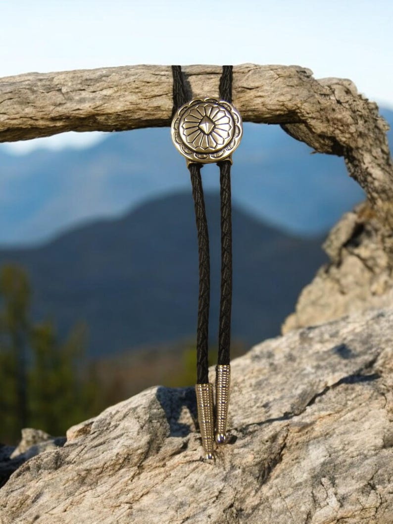 May include: A black bolo tie with a silver concho featuring a geometric design. The tie is hanging from a piece of driftwood with a blurred mountain background.