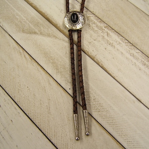Western Silver Concho Bolo Tie Minimalist w Onyx Gemstone Wedding Bolo Tie Necktie Boho Necklace Cowgirl Jewelry American Jewelry 80521-6