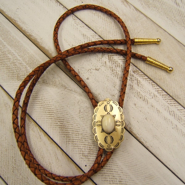 American Made Satin Brass w Antiqued Finish Bolo Tie w Ivory Wedding Bolo Tie Necktie Boho Chic Necklace Unique Unisex Birthday Gift 80572-3