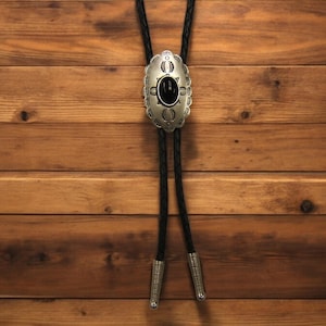 Wedding Bolo Tie Necktie Necklace Festival Rodeo Necklace Silver Bolo Tie w Black Country Western Jewelry Boho Chic Necklace USA Made 80616