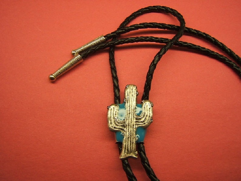 Southwestern Western Cactus Bolo Tie Silver Antique Bolas Cowboy Cowgirl Rodeo Jewelry Turquoise Background Gift Idea for Her Him #80140-1