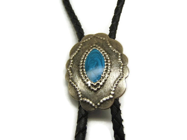 Trending Concho Bolo Tie Western Jewelry Silver Antique w Scandalous Blue Enamel Gift Her Him Boyfriend Girlfriend American Made #80172-1