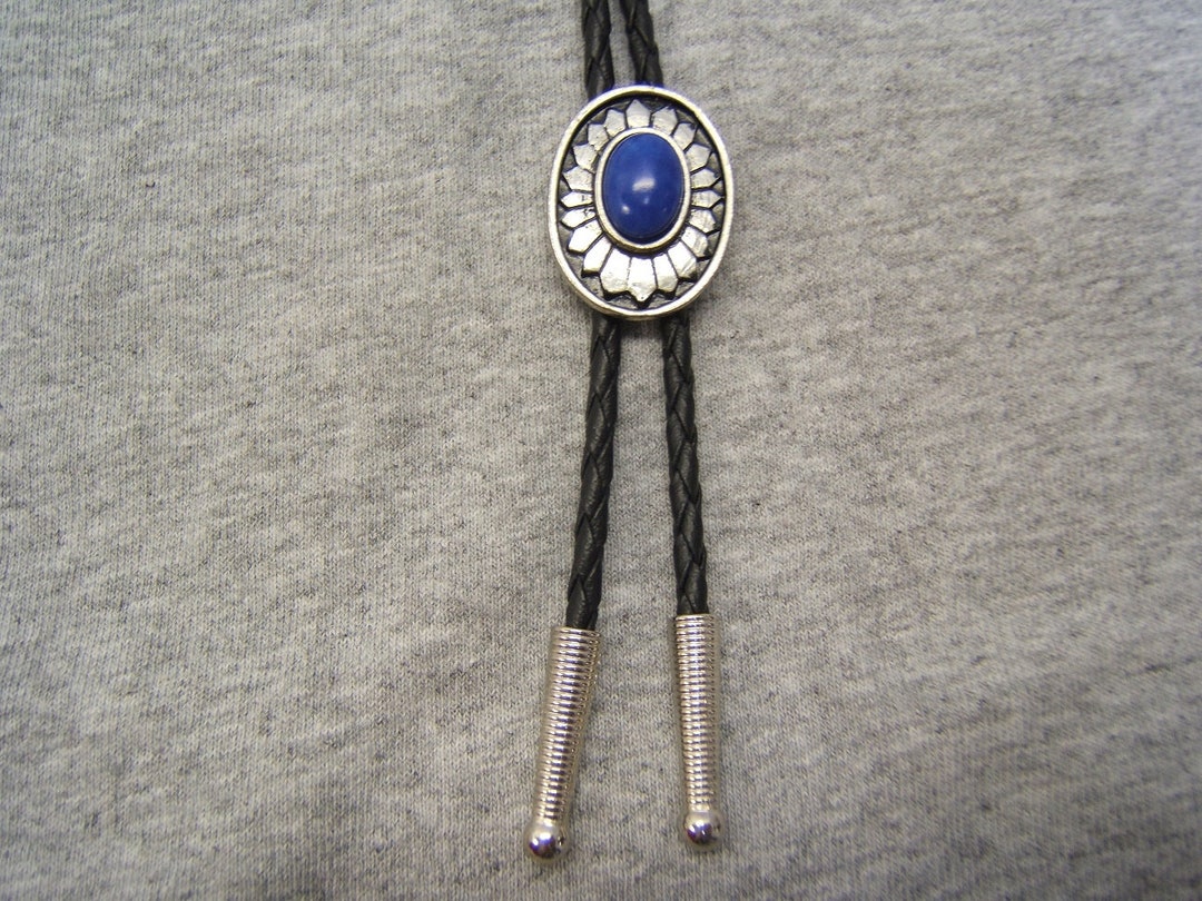 Unique Southwestern Concho Bolo Tie Silver Antiqued W Lapis