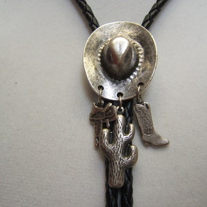Unique Silver Cowboy Hat Bolo Tie w Cactus Saddle Boot Dangles Cowgirl Necklace Country Western Jewelry Mens Neckties Rodeo Jewelry 80294-1