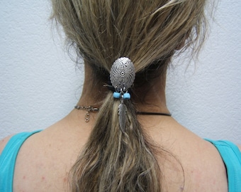 Unisex Silver Ponytail Holder with Beads Women Hair Ties Mens Hair Elastic Boho Chic Scrunchies Hair Clips Western Barrettes 80157
