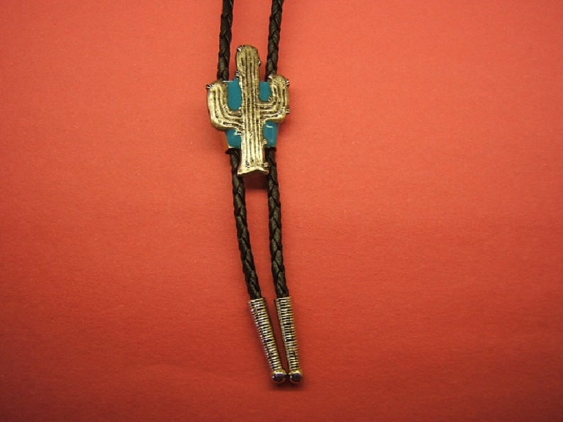 Southwestern Western Cactus Bolo Tie Silver Antique Bolas Cowboy Cowgirl Rodeo Jewelry Turquoise Background Gift Idea for Her Him #80140-1
