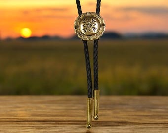 Southwestern Bolo Tie Polished Brass Bolo Tie Leather Necklace Country Western Wear Boho Chic Necklace Indian Jewelry Unique Gift Idea 80563