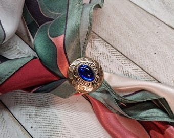 Red and Pink Silk Scarf with Sapphire Cabochon, Hand Polished Brass or Silver Plated w Antiqued Boho Chic Wear Neckerchief Bandana 80636