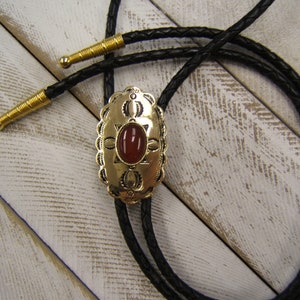 Boho Chic Necklace Polished Brass Antique Bolo Tie w Carnelian Country Western Wear   Womens Bolo Tie Unique Gift Idea Mens Bolo Tie 80597-2