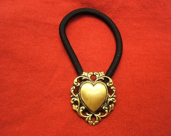 Brass Filigree Heart Ponytail Holder - Antiqued Finish