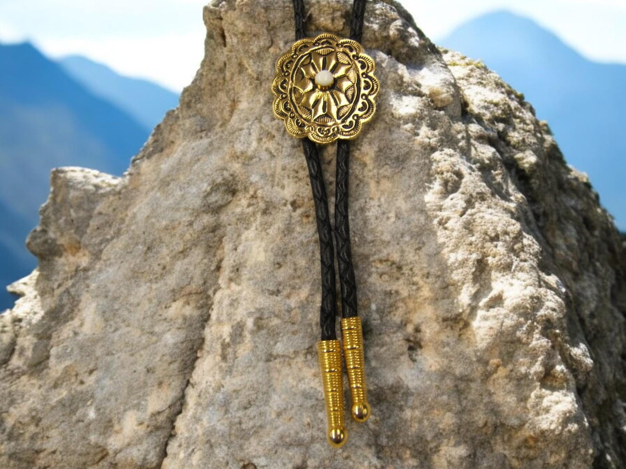 Gold Bolo Tie Antiqued W White Stone Leather Cord Wedding Bolo Tie 