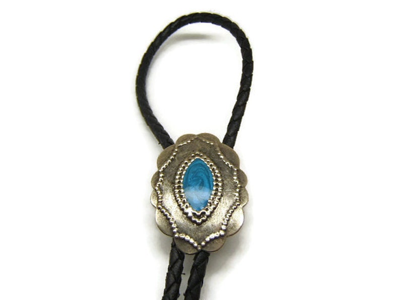 Trending Concho Bolo Tie Western Jewelry Silver Antique w Scandalous Blue Enamel Gift Her Him Boyfriend Girlfriend American Made #80172-1