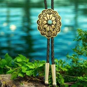 Unisex Gold Bolo Tie w Turquoise Southwestern Western Jewelry Wedding Bolo Tie Necktie Necklace Boho Chic Jewelry Unique Gift Idea 91083-7