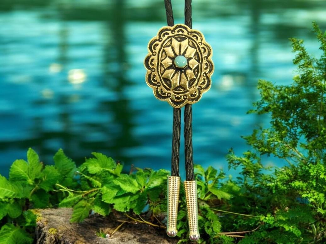 Unisex Gold Bolo Tie w Turquoise Southwestern Western Jewelry Wedding Bolo Tie Necktie Necklace Boho Chic Jewelry Unique Gift Idea 91083-7