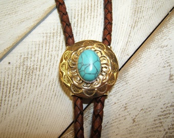 Unique Minimalist Polished Brass Bolo Tie w Turquoise Stone Wedding Bolo Tie Necktie Necklace Western Jewelry Boho Chic Necklace 80574-1