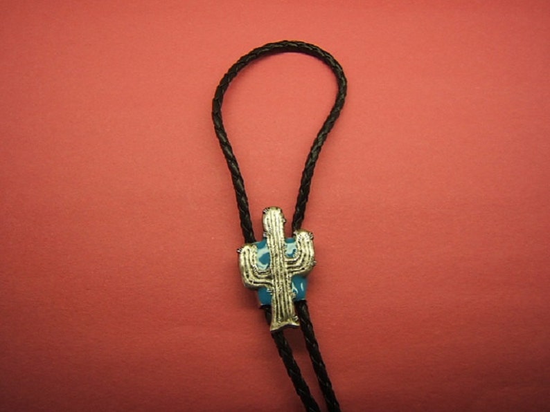 Southwestern Western Cactus Bolo Tie Silver Antique Bolas Cowboy Cowgirl Rodeo Jewelry Turquoise Background Gift Idea for Her Him #80140-1
