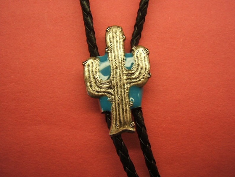Southwestern Western Cactus Bolo Tie Silver Antique Bolas Cowboy Cowgirl Rodeo Jewelry Turquoise Background Gift Idea for Her Him #80140-1