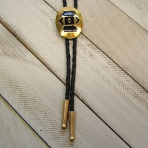 Gold w Black Enamel Bolo Tie Christmas Jewelry Bolos Bolas Western Necklace Necktie Boho Jewelry American Made Gift for Men Women 80167-3