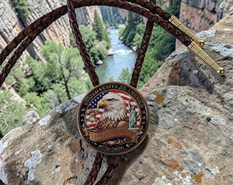 Patriotic Bolo Tie: USA Eagle on American Flag, 250th Anniversary Jewelry, 4th of July, Leather String Tie Men Women Bolo Ties  80637