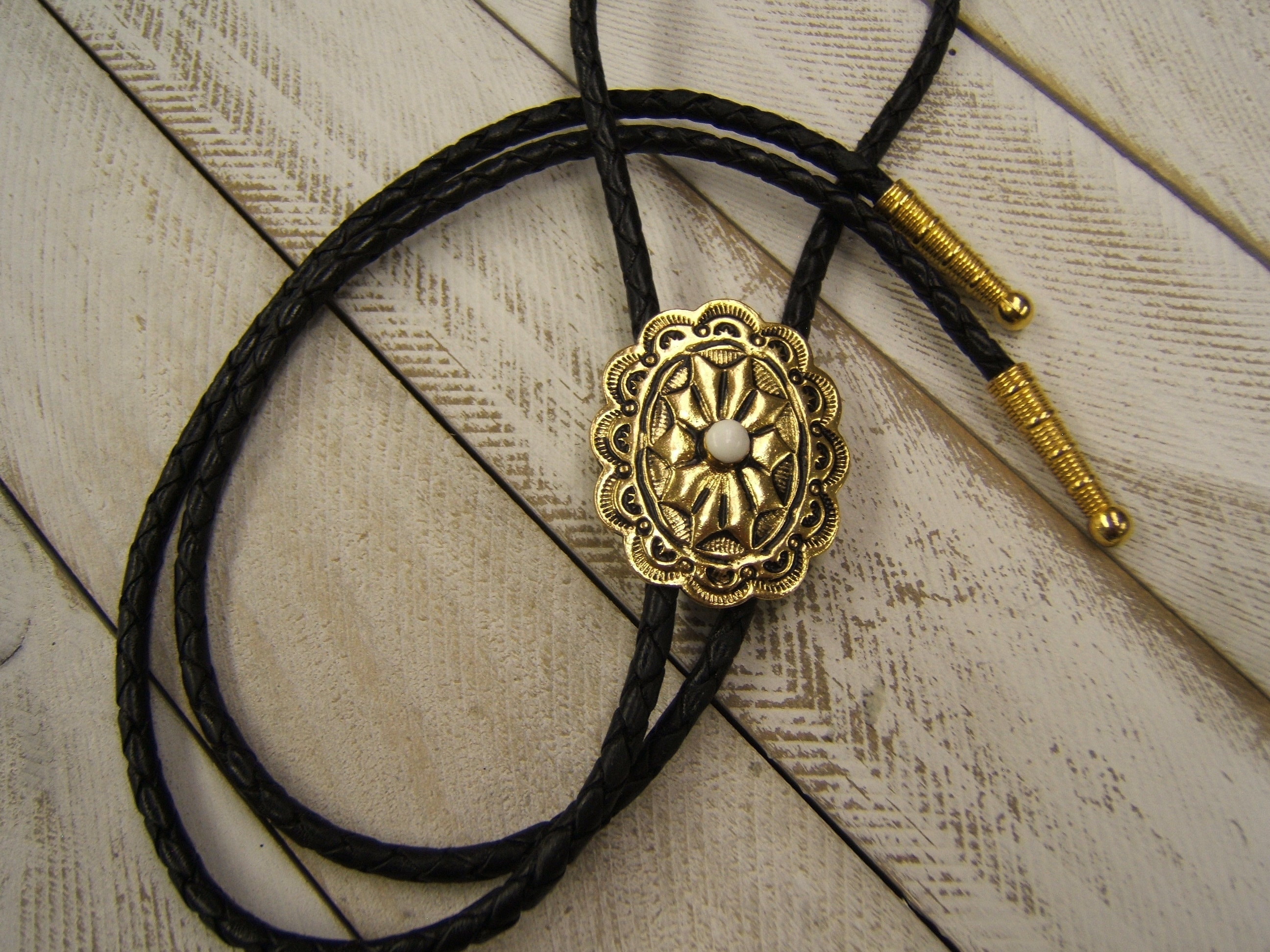 Unique Gold Bolo Tie Antiqued w White Stone Leather Cord Wedding Bolo Tie Boho Chic Necklace USA Made Festival WearRodeo Jewelry 1083B-8