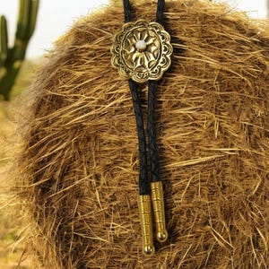 Rodeo Festival Jewelry Gold Bolo Tie Antiqued w White Stone Wedding Bolo Tie Necklace Western Necktie Boho Chic Necklace USA Made 1083B-8