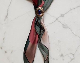 Red and Pink Silk Scarf with Sapphire Cabochon, Hand Polished Brass or Silver Plated Bohemian Scarf Boho Chic Wear Neckerchief Bandana 80636