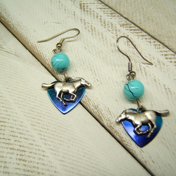 Southwestern Silver Horse Earring w 2 Tone Blue Enamel Heart and Turquoise Bead Western Silver Earring Cowgirl Boho Chic Earring 80127-1
