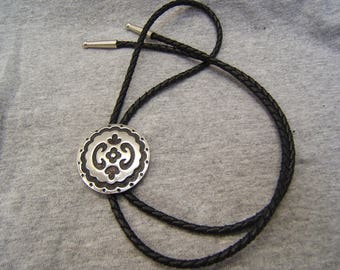 Pewter Western Bolo Tie, Black Leather Cord, Southwestern Lariat Necklace Handmade Bolo Tie 80093-6