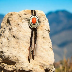 Silver Sunburst Bolo Tie, Coral Cabochon, Western Wedding Jewelry