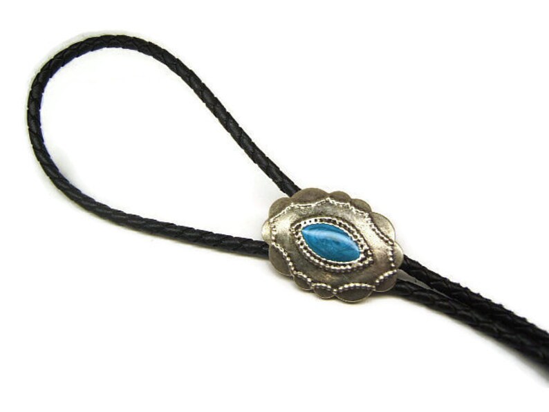 Trending Concho Bolo Tie Western Jewelry Silver Antique w Scandalous Blue Enamel Gift Her Him Boyfriend Girlfriend American Made #80172-1
