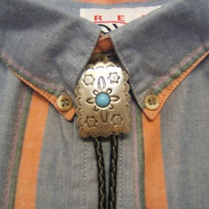 Southwestern Silver w Turquoise Concho Bolo Tie Bolos Boloties Bola Mens Womens Teen Jewelry Necklaces Neckties Made in America 11527-2