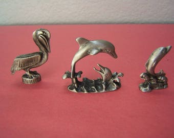 Unique Gift Set Of 3 Pewter Sea Life Miniature Figurines Dolphins Pelican Anniversary Birthday New Home Resort Nautical Made in USA #80332