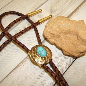 Boho Chic Necklace Minimalist Polished Brass Bolo Tie w Turquoise Wedding Bolo Tie Necktie Necklace Western Jewelry American Made 80574-1