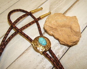 Unique Gift for Mother Polished Brass Bolo Tie w Turquoise Stone Wedding Bolo Tie Necktie Necklace Western Rodeo Boho Chic Necklace 80574-1