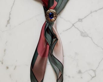 Red and Pink Silk Scarf with Sapphire Cabochon, Hand Polished Brass or Silver Plated Bohemian Scarf Boho Chic Wear Neckerchief Bandana 80636