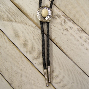Silver Concho Bolo Tie w Ivory Wedding Bolo Tie Boho Chic Necklace Western Neckties USA Made Indian Necklace Southwestern Jewelry 80521-7