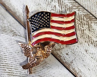 Vintage Patriotic Brooch:  American Flag Pin, USA Eagle Jewelry 80634