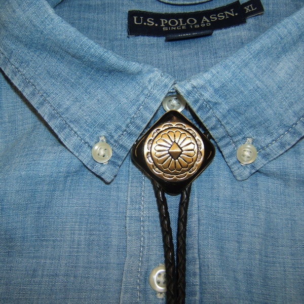 Unique Birthday Jewelry Western Satin Brass Concho Bolo Tie w Black Border Bola Lariat Boho Chic Necklace USA Made Wedding Bolo Tie 80584-1