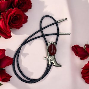 Country Western Cowboy Boot Silver Bolo Tie w Black or Red Stone Western Neckties Tie Rodeo Necklace Cowgirl Wear Boho Chic Necklace 80622