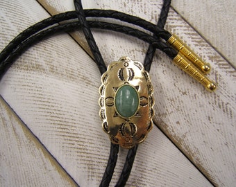 Boho Chic Necklace Polished Brass Antiqued w Adventurine Stone Bolo Tie Wedding Bolo Tie Birthday Gift Festival Necklace Rodeo Wear 80597-1