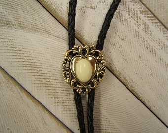 Perfect Mother's Day Gift Unique Unisex Heart Bolo Tie Brass Antiqued w Ivory Color Stone Cowgirl Cowboy Western Bola Wedding Bolo Tie 80559