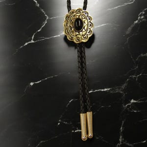 Unique Gift Idea Gold Bolo Tie w Black Stone Wedding Bolo Tie Grandpa Grandma Jewelry Festival Jewelry Cowgirl Cowboy Wear USA Made 80526-2