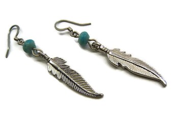 Silver Feather Earrings with Turquoise Bead, Southwestern Style