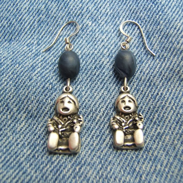 Native American Inspired Silver Earrings w Indigo Bead Storyteller Earring Jewelry Southwestern Boho Wear Made In USA Gifts On Sale #80081-2